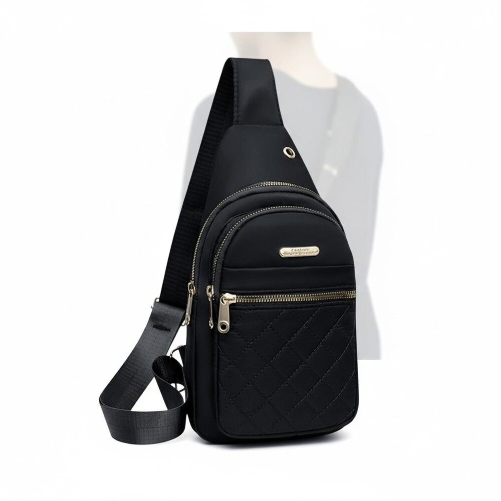 Small Quilted Crossbody Sling Backpack With Multi-Pockets & Headphone Port - Bla